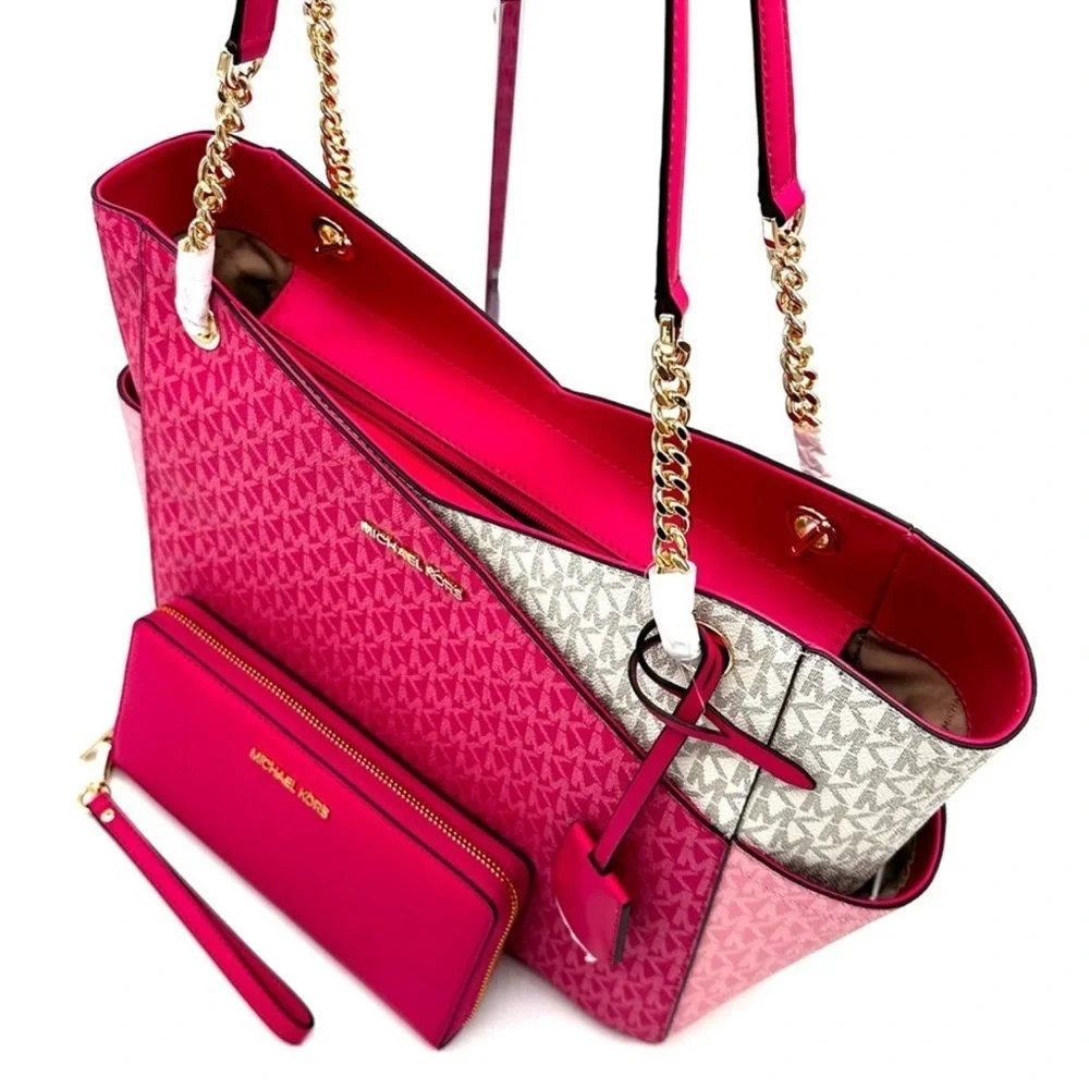 Michael Kors Large X Chain Shoulder Tote Bag & Continental Wallet Electric Pink - Picture 11 of 14